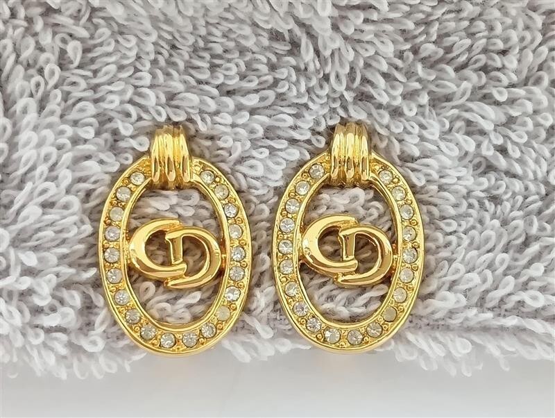 ☆Christian Dior クリスチャンディオール CD ロゴ ラインストーン オーバル型 イヤリング クリップ式 留め具 ヴィンテージ アクセサリー_画像1