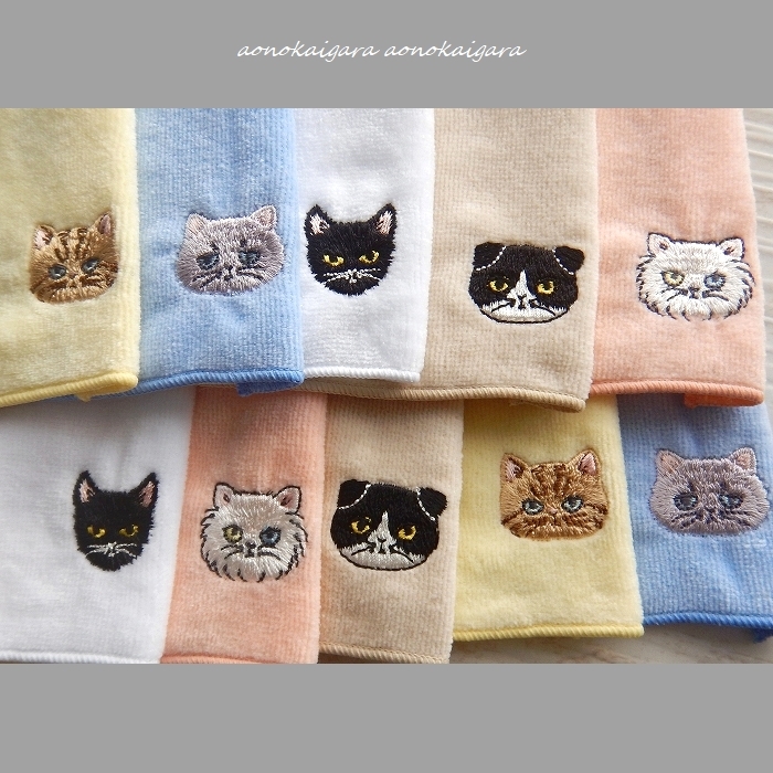 新品●今治産●猫図鑑を見てるような可愛さ●日本猫～洋猫●柔らか●滑らか●２０cm×２０cm●タオルハンカチ１０枚セット_画像2