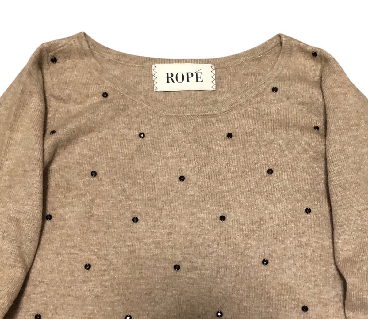 ■ROPE' ロペ■ラインストーン 総柄 レーヨン ナイロン混 ウール ニット ワンピース ライトベージュ 38 _画像4