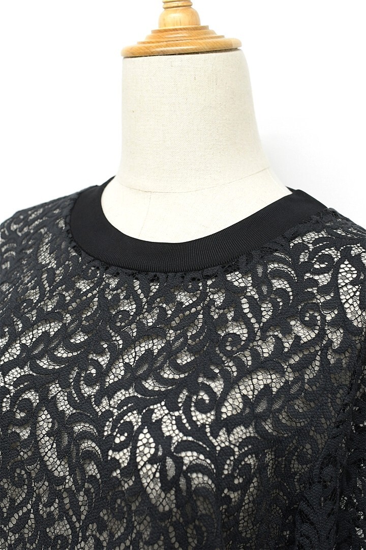 Q370/美品 theory luxe レースブラウス シャツ 長袖 総柄 シースルー クルーネック ストレッチ 40 L 黒_画像2