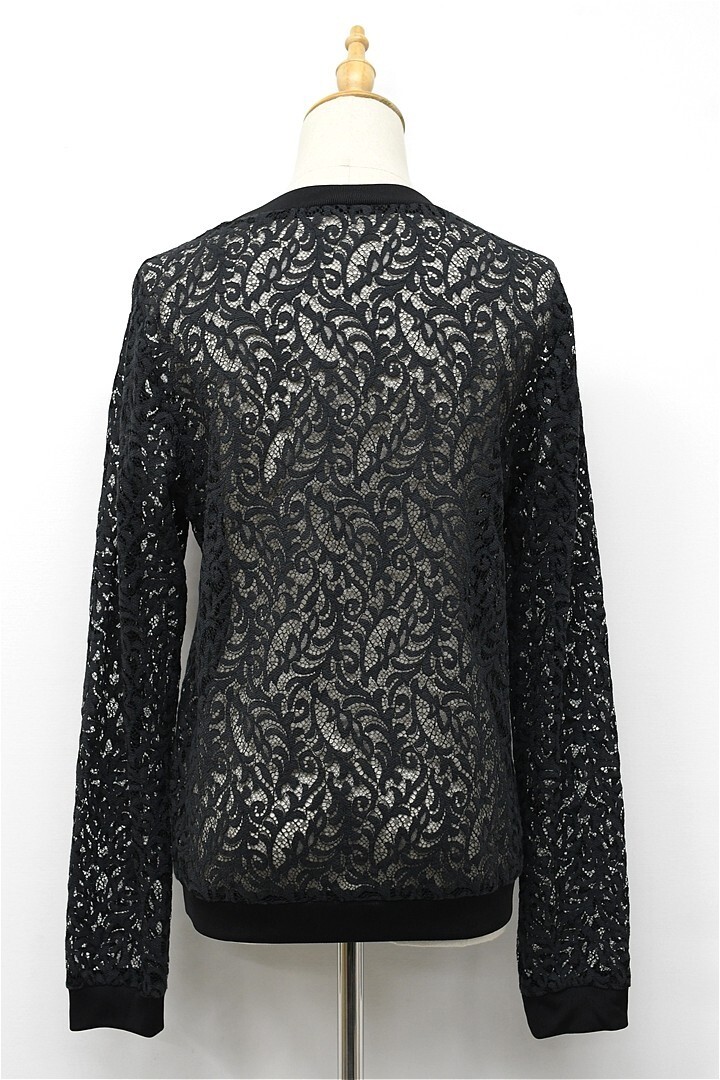 Q370/美品 theory luxe レースブラウス シャツ 長袖 総柄 シースルー クルーネック ストレッチ 40 L 黒_画像3