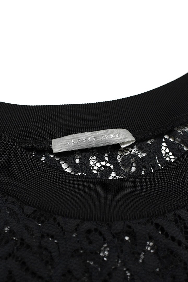 Q370/美品 theory luxe レースブラウス シャツ 長袖 総柄 シースルー クルーネック ストレッチ 40 L 黒_画像5