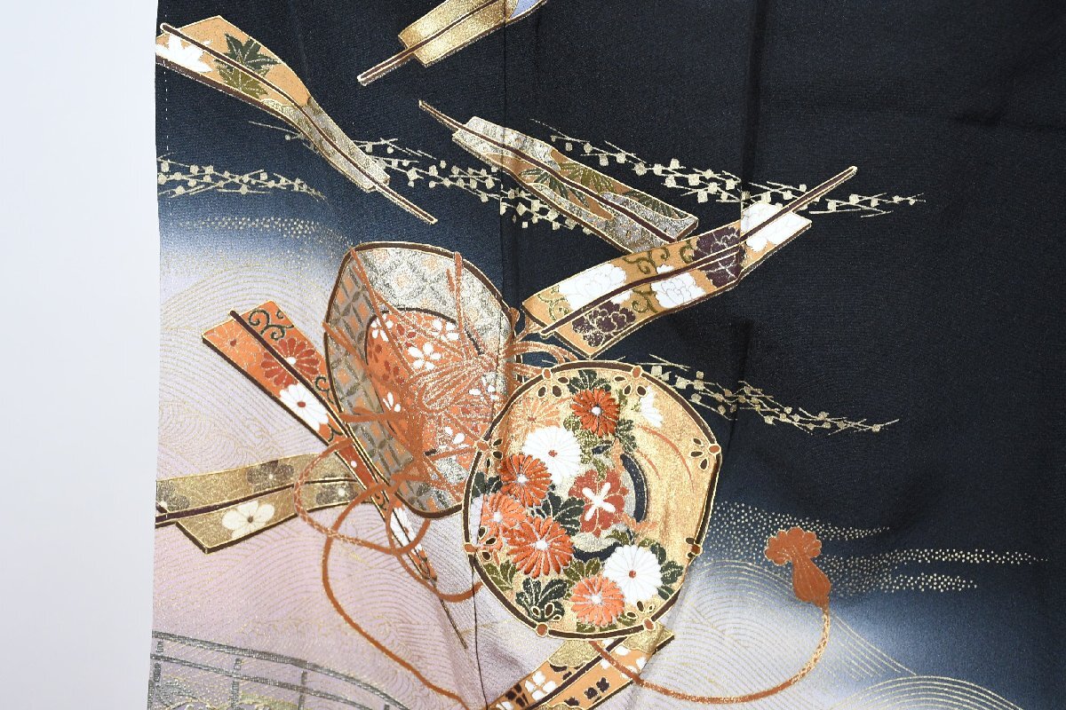 黒留袖 結婚式 金彩 鼓文 扇 扇子 落款 身丈155.5 cm 裄丈64 cm ★着物 e-1476 桜庭呉服店_画像5