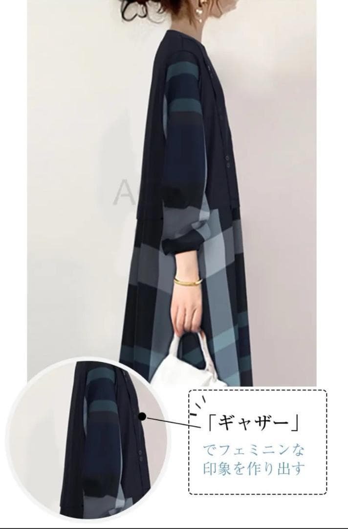 L チェック柄 配色 ランタンスリーブ ボタン Aライン ナチュラル ワンピース_画像2