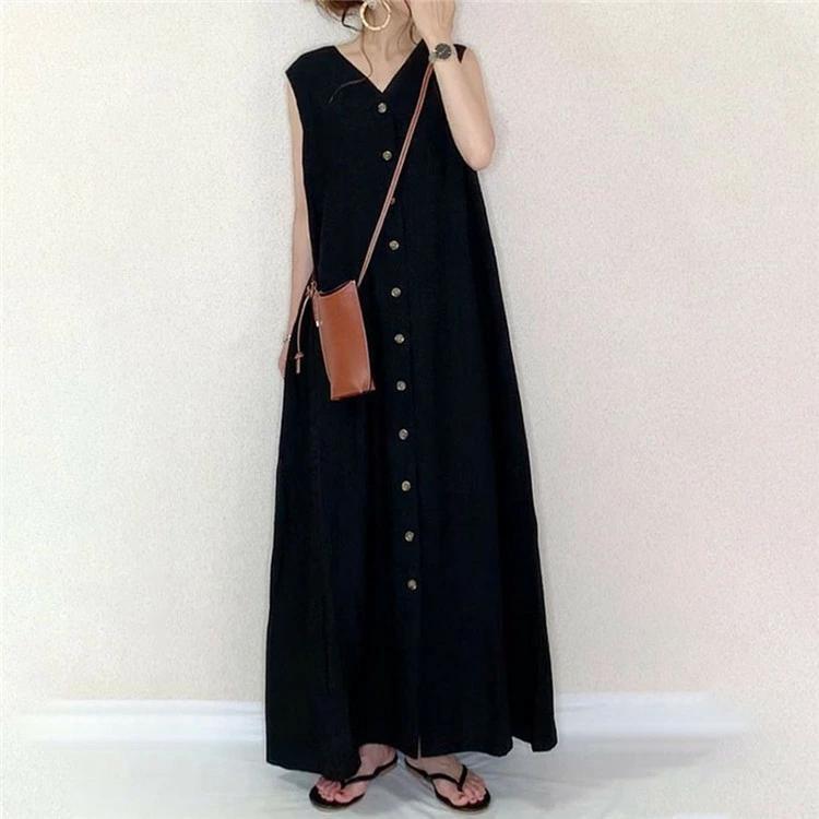 F Vネック 森ガール ワンピース ロング マキシ丈 無地 前開き 体型カバー_画像2