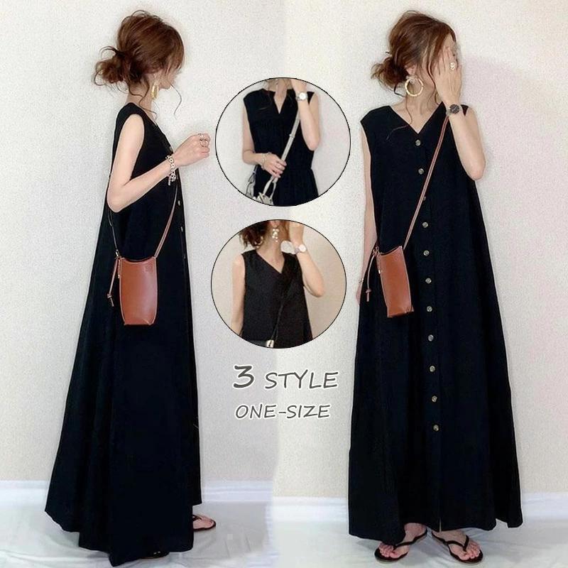 F Vネック 森ガール ワンピース ロング マキシ丈 無地 前開き 体型カバー_画像1