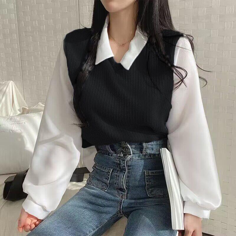 2XL 長袖 ブラウス ポロ襟 トップス 韓国風 大人 通勤 ゆったり シャツ_画像1