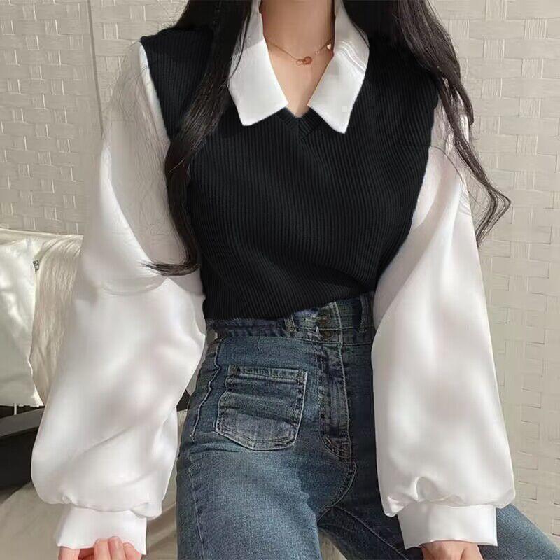 2XL 長袖 ブラウス ポロ襟 トップス 韓国風 大人 通勤 ゆったり シャツ_画像2