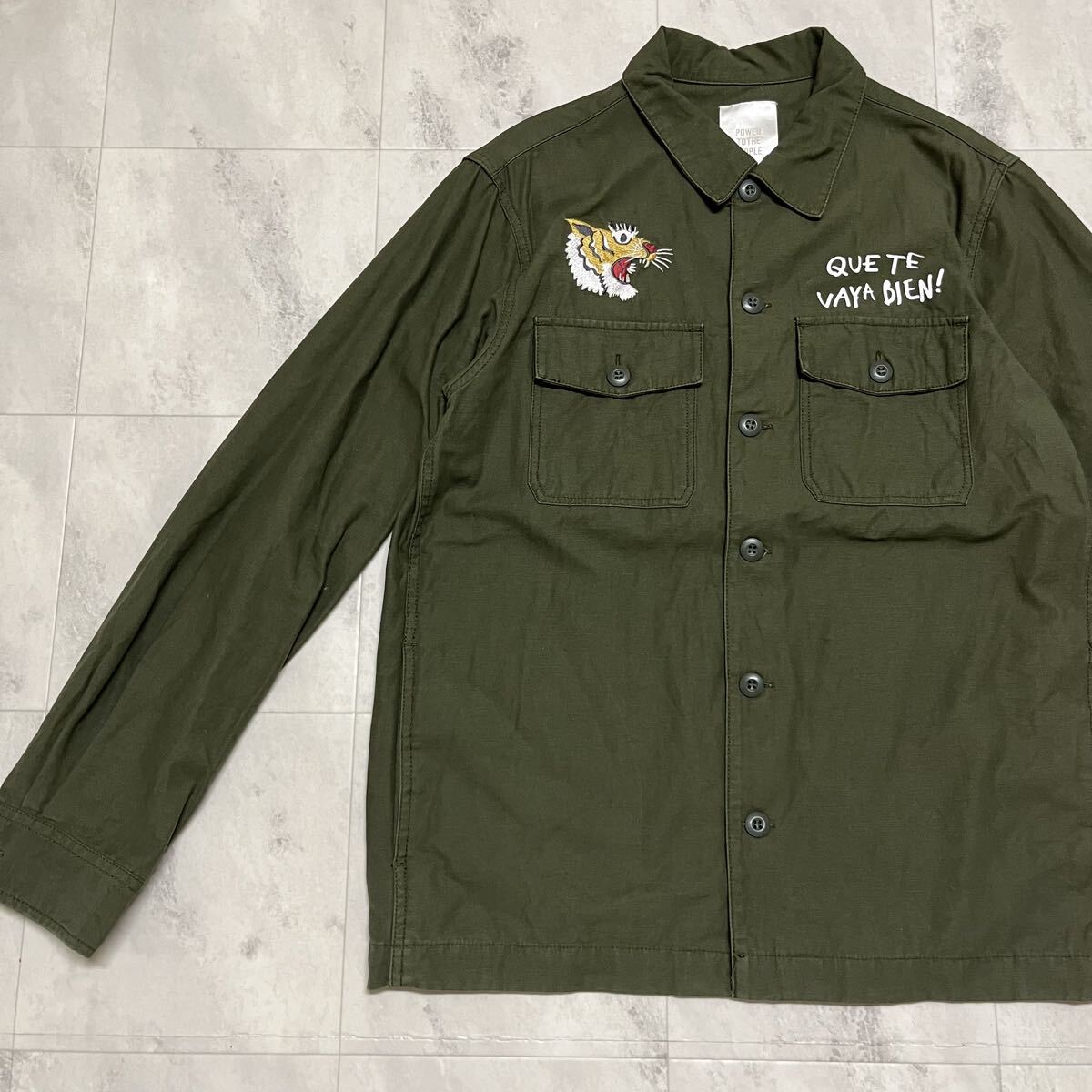 POWER TO THE PEOPLE パワートゥーザピープル ワークシャツ 長袖 バイク バイカー 刺繍ロゴ ミリタリーシャツ スカシャツ カーキ 玉mc4207_画像4
