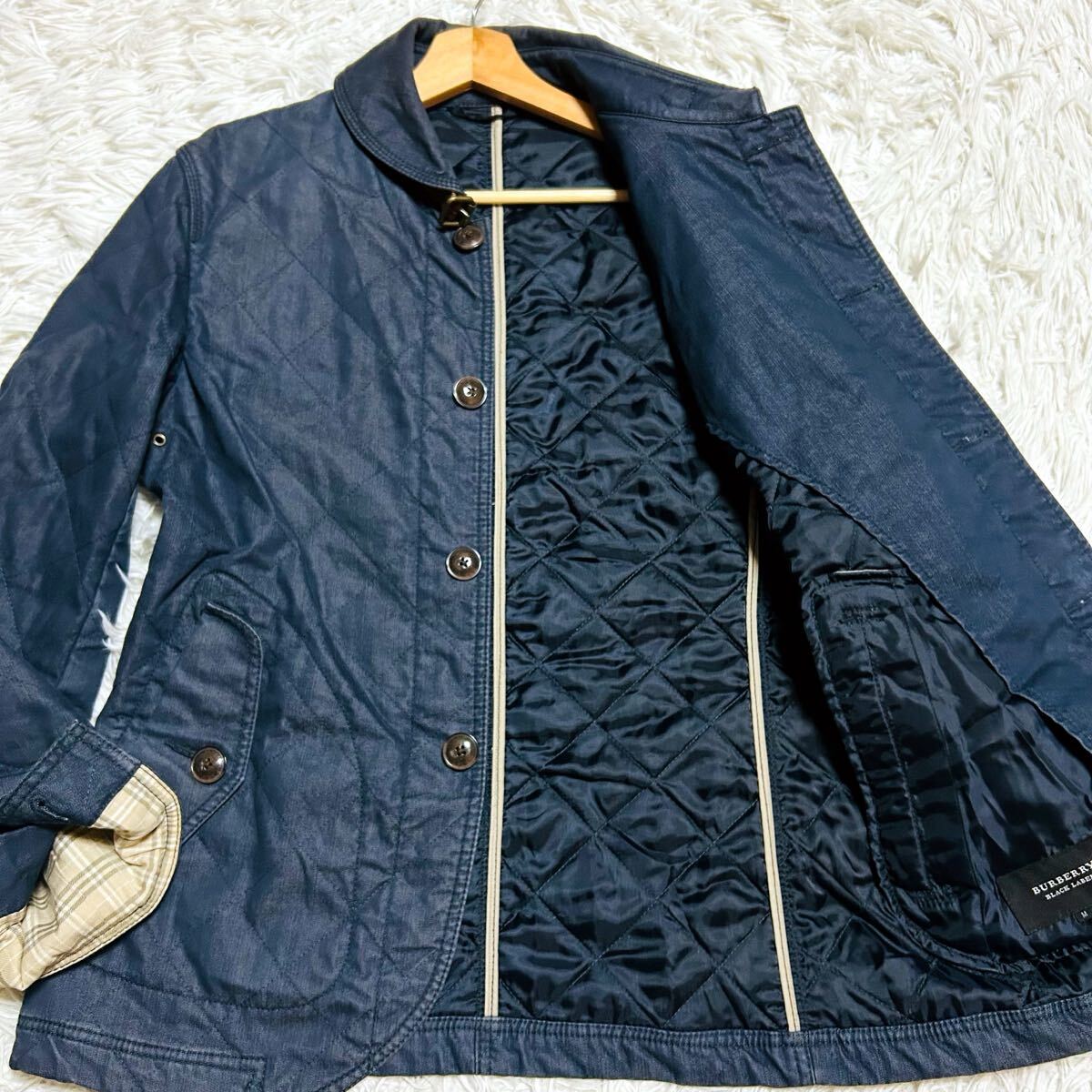 極美品/Mサイズ●BURBERRY BLACKLABEL バーバリーブラックレーベル キルティング ジャケット ブルゾン 刻印釦 チェック柄 中綿入り 大きめM