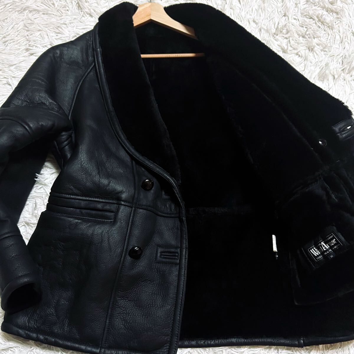未使用級!!獣の咆哮を纏う!!Wind Armor リアルムートン フライトジャケット レザージャケット ムートンコート 羊革 ボア ブラック 黒 L相当_画像1