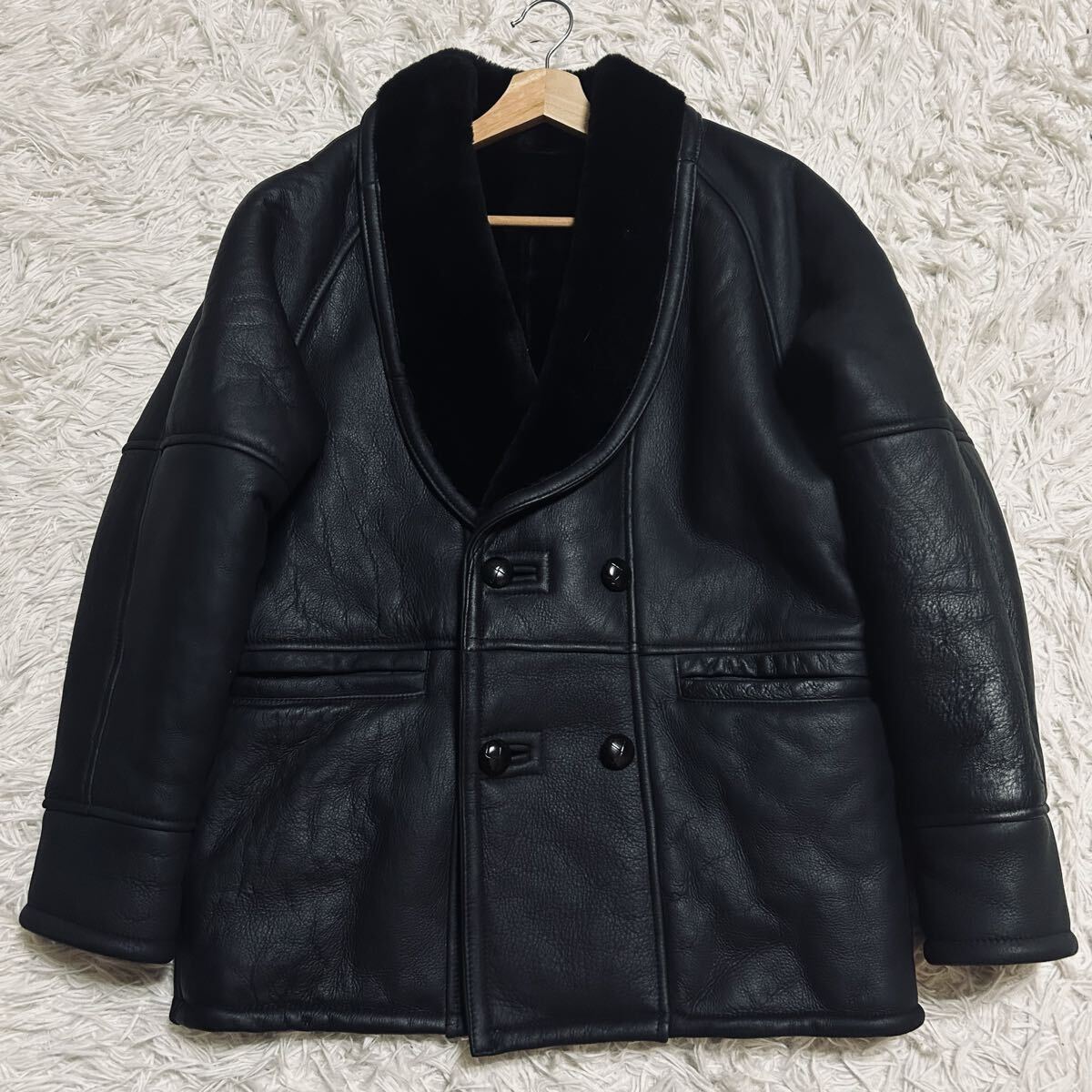 未使用級!!獣の咆哮を纏う!!Wind Armor リアルムートン フライトジャケット レザージャケット ムートンコート 羊革 ボア ブラック 黒 L相当_画像2