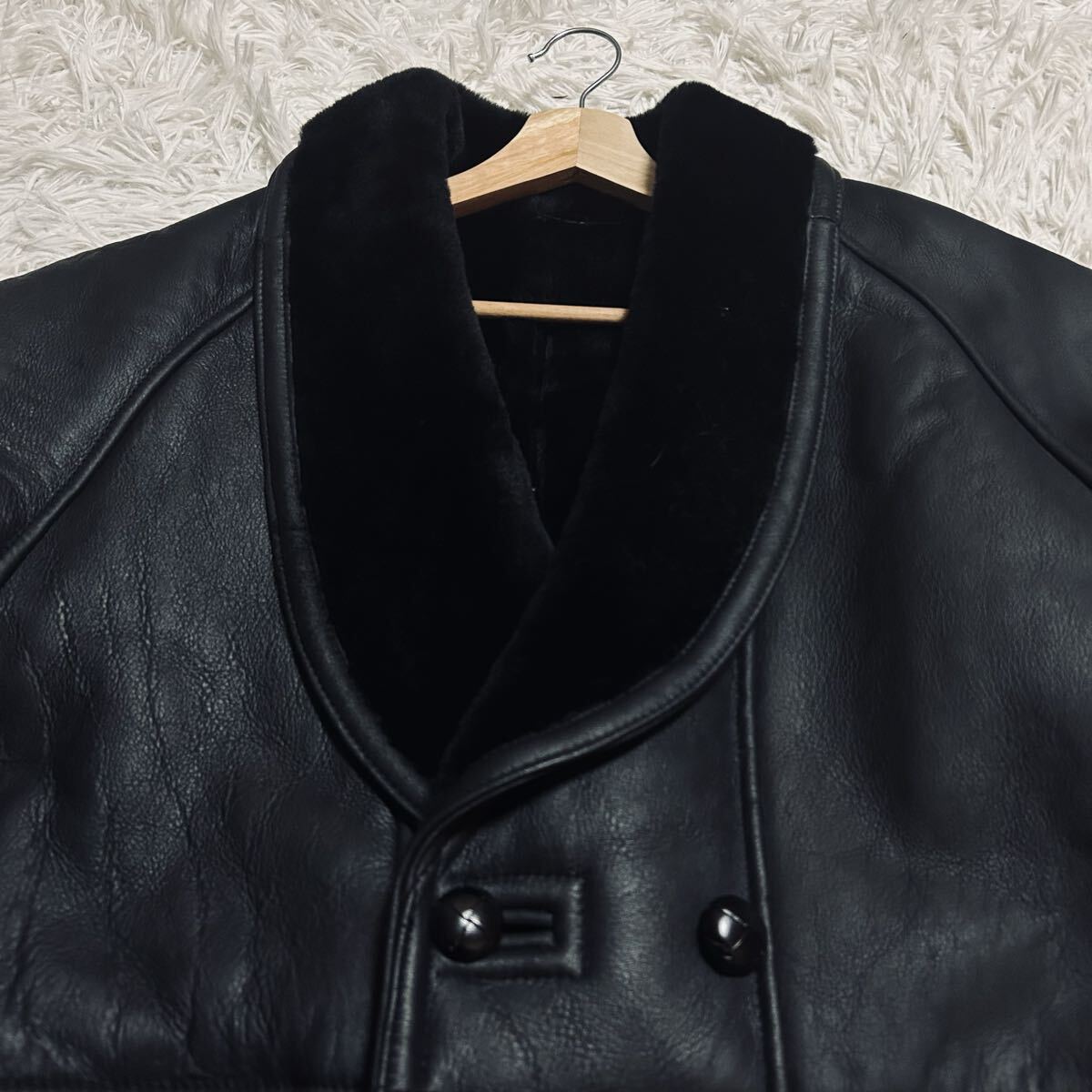 未使用級!!獣の咆哮を纏う!!Wind Armor リアルムートン フライトジャケット レザージャケット ムートンコート 羊革 ボア ブラック 黒 L相当_画像6