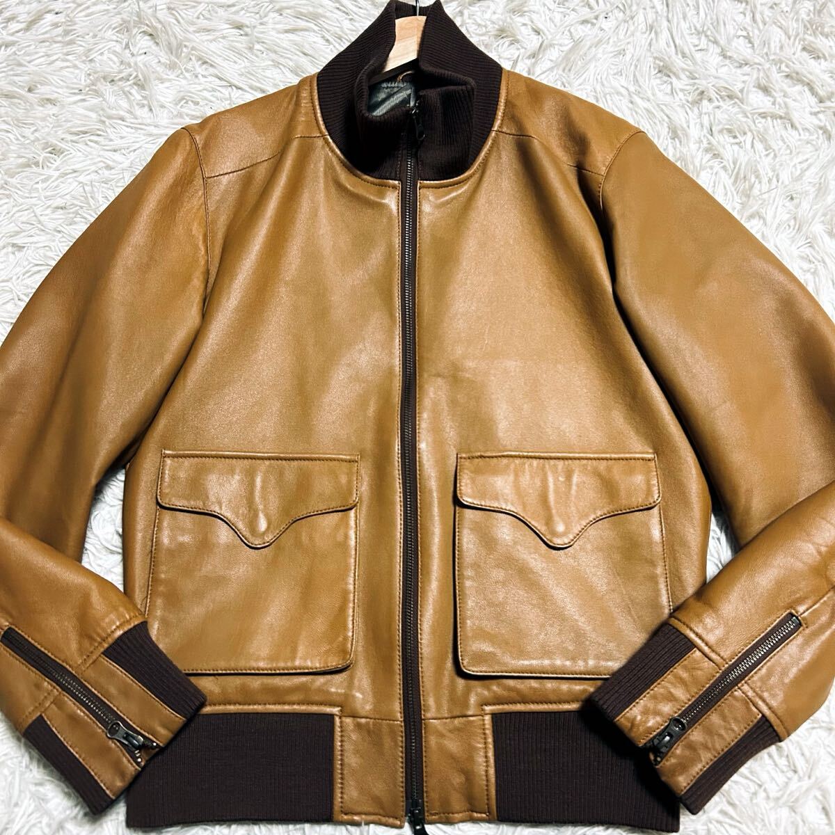黄金の革を纏う★未使用級 SHIPS シップス ラムレザー レザージャケット ライダース シングル 希少 キャメル Wジップ メンズ Lサイズ A-2 _画像1