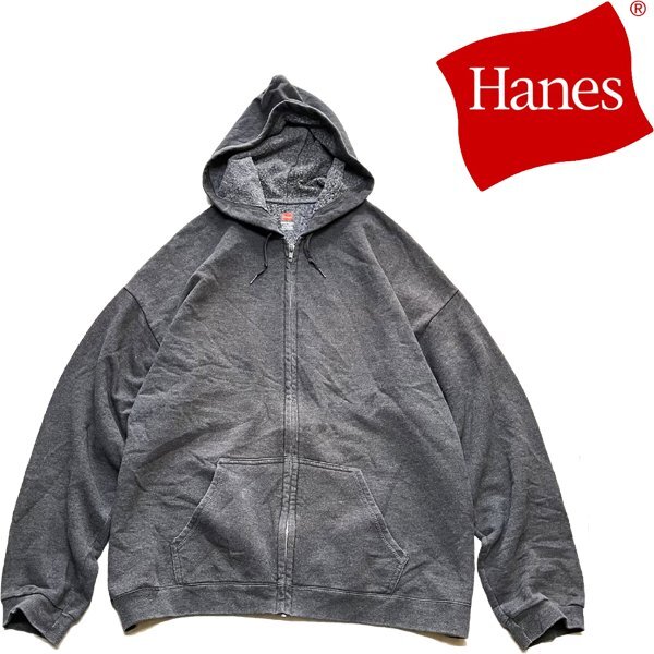 1点物◆ヘインズHANESグレー無地ジップアップパーカー古着メンズXLレディースOKアメカジ90sストリート/スポーツブランドUSトレーナー362251_画像1