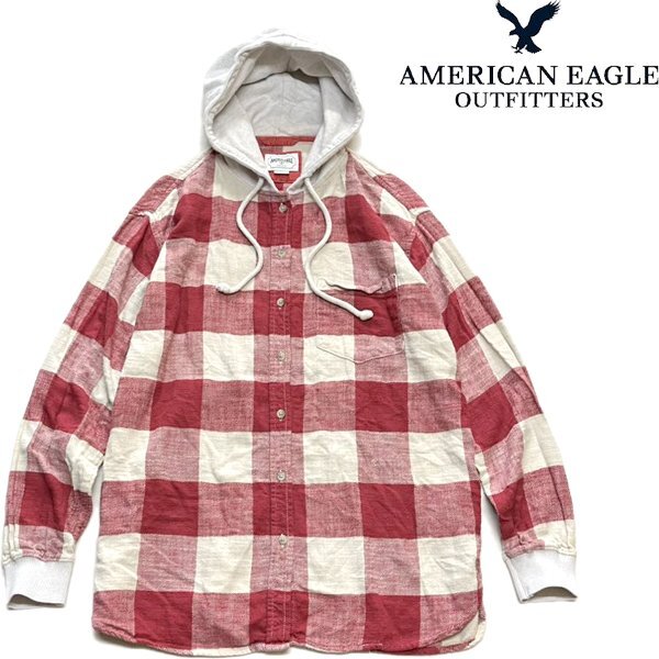1点物◆アメリカンイーグルAEフード付きチェック柄ネルシャツパーカー古着メンズレディースOKアメカジ90sストリートスポーツブランド362327_画像1