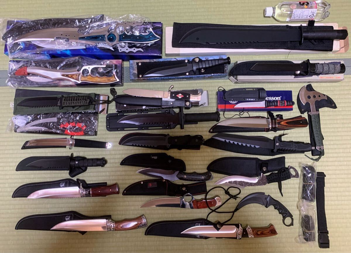 サバイバルナイフ等大量23本セット 未使用 検索:コロンビア/S&W/アウトドア/ハンティング/鉈/マチェット/斧/シースナイフ/鞘付/観賞用