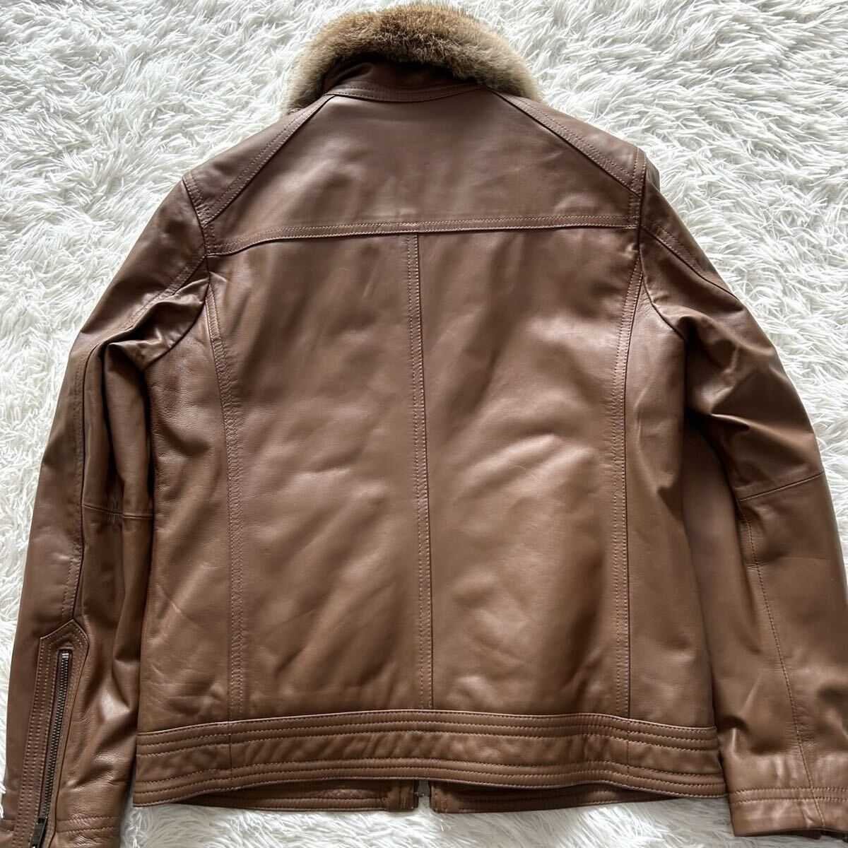 極美品●ブラックレーベルクレストブリッジ シングルライダースジャケット BLACK LABEL CRESTBRIDGE ラムレザー 羊革 ファー ブラウン L_画像8