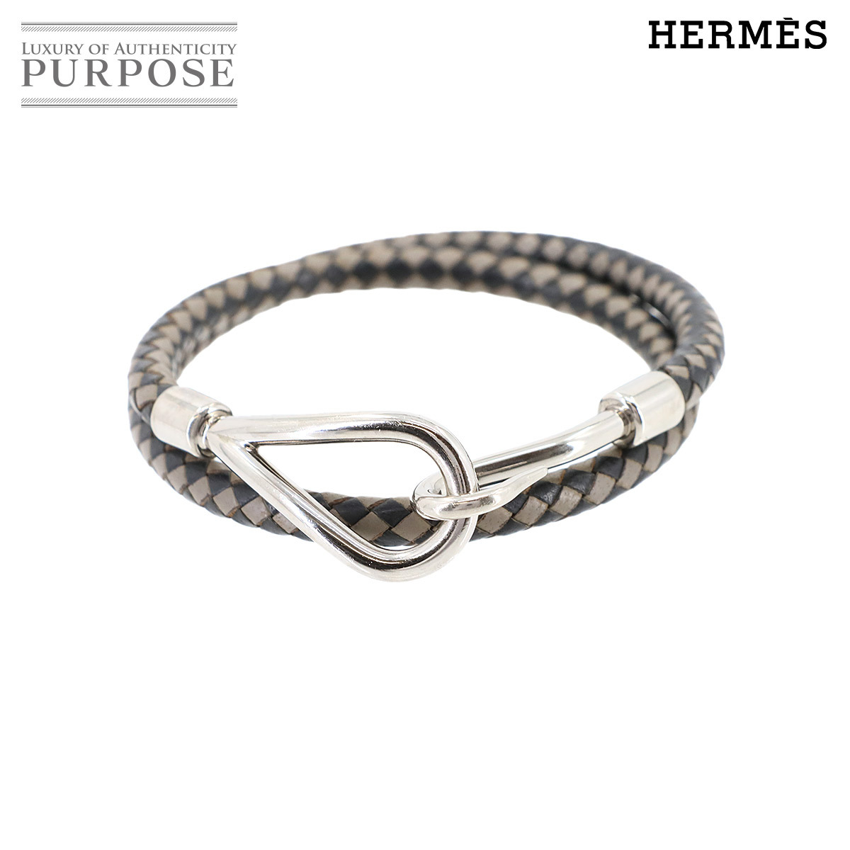 新品同様 エルメス HERMES ジャンボ ブレス チョーカー レザー ブラック グレー シルバー 金具 Jumbo Bracelet 90298775_画像1