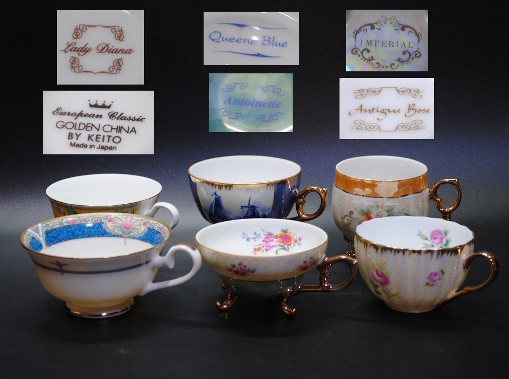 【売切り屋】ティーカップ 6客 コーヒーカップ Antoinette Inperial AntiqueRose QueeneBlue LadyDiana 猫足付 金彩 柄違い アンティーク_画像1