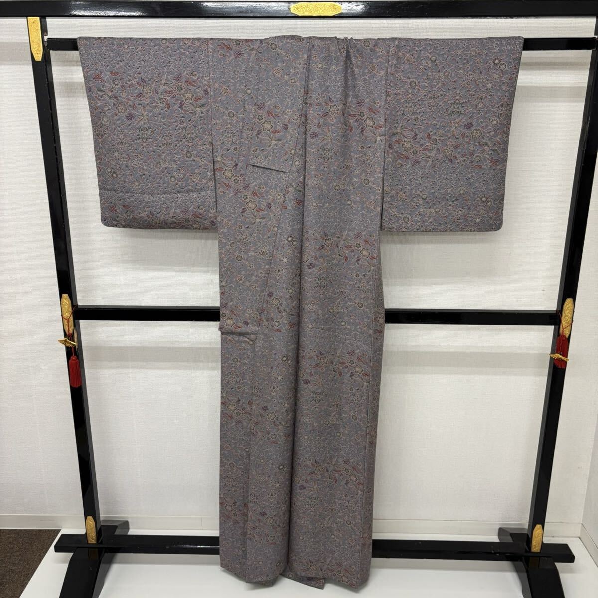 小紋 花唐草 縮緬 素敵な加工 正絹 着物 F-473_画像7