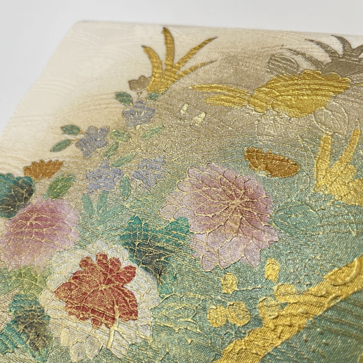名古屋帯 螺鈿箔 押し箔 美しい花模様 九寸 正絹 着物 F-509_画像4