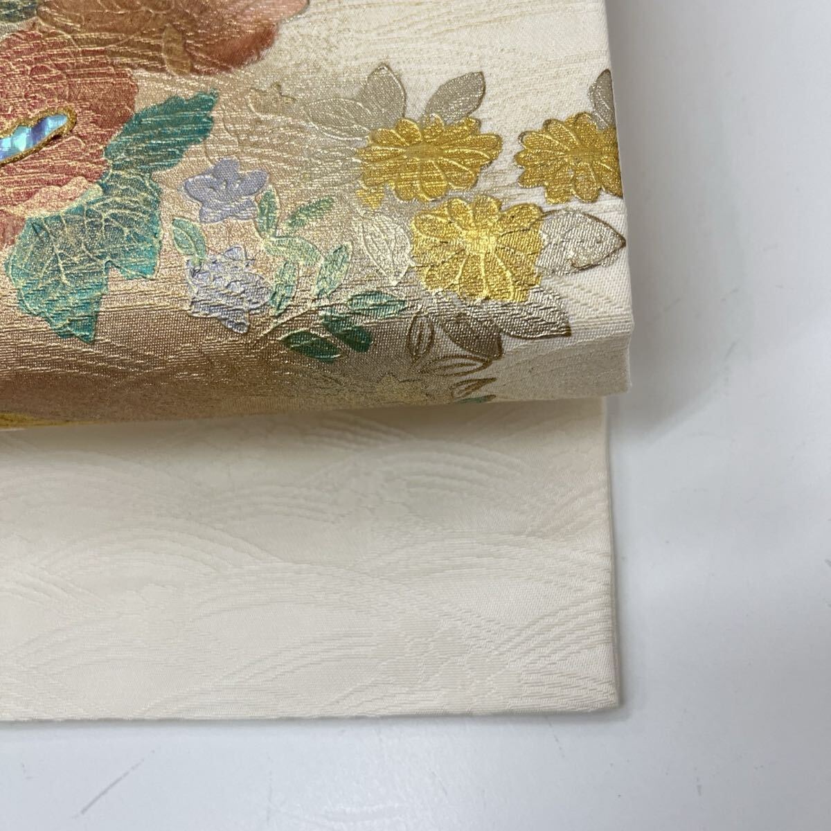名古屋帯 螺鈿箔 押し箔 美しい花模様 九寸 正絹 着物 F-509_画像5