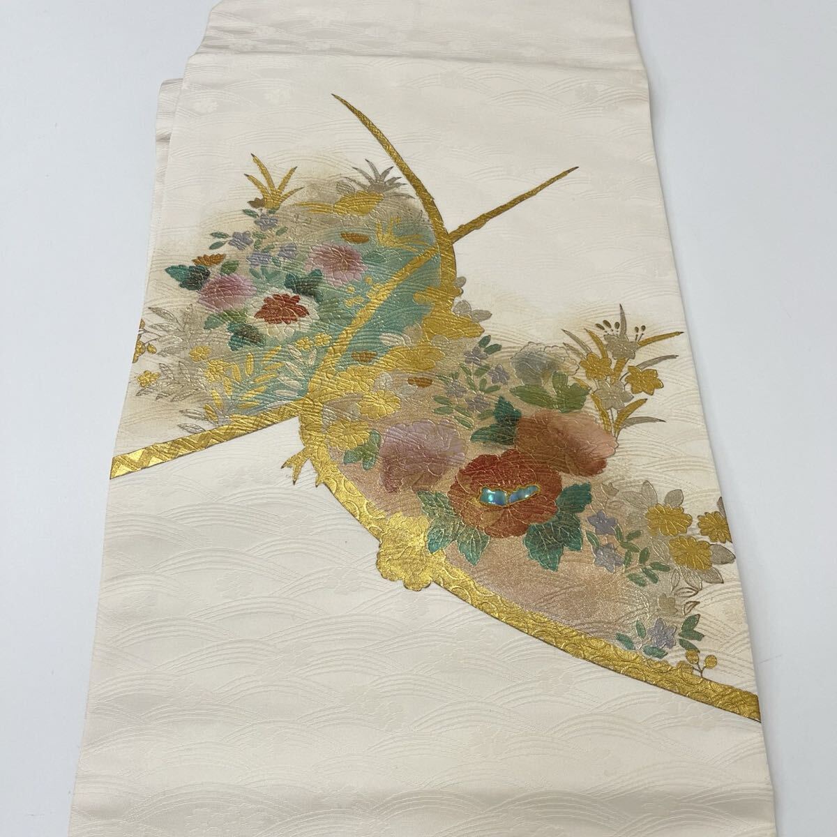 名古屋帯 螺鈿箔 押し箔 美しい花模様 九寸 正絹 着物 F-509_画像6