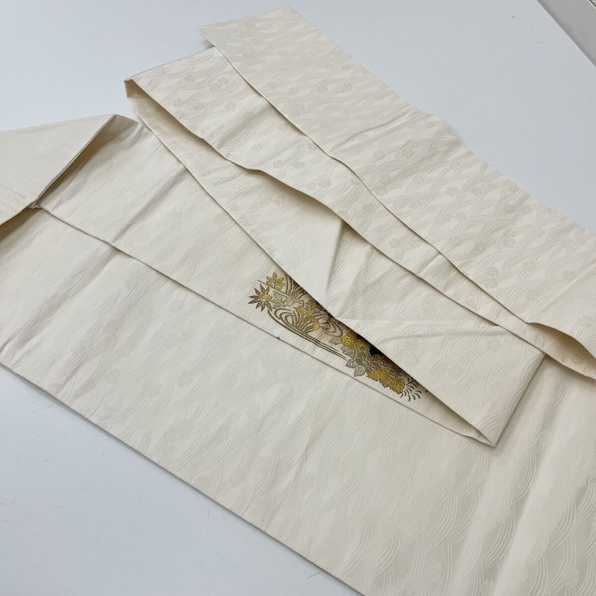 名古屋帯 螺鈿箔 押し箔 美しい花模様 九寸 正絹 着物 F-509_画像8