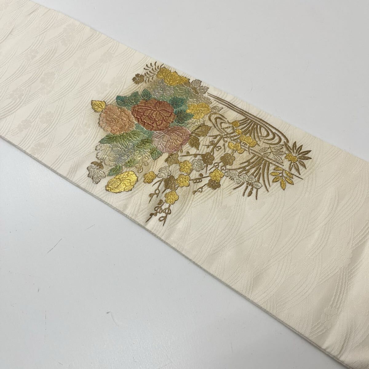 名古屋帯 螺鈿箔 押し箔 美しい花模様 九寸 正絹 着物 F-509_画像10