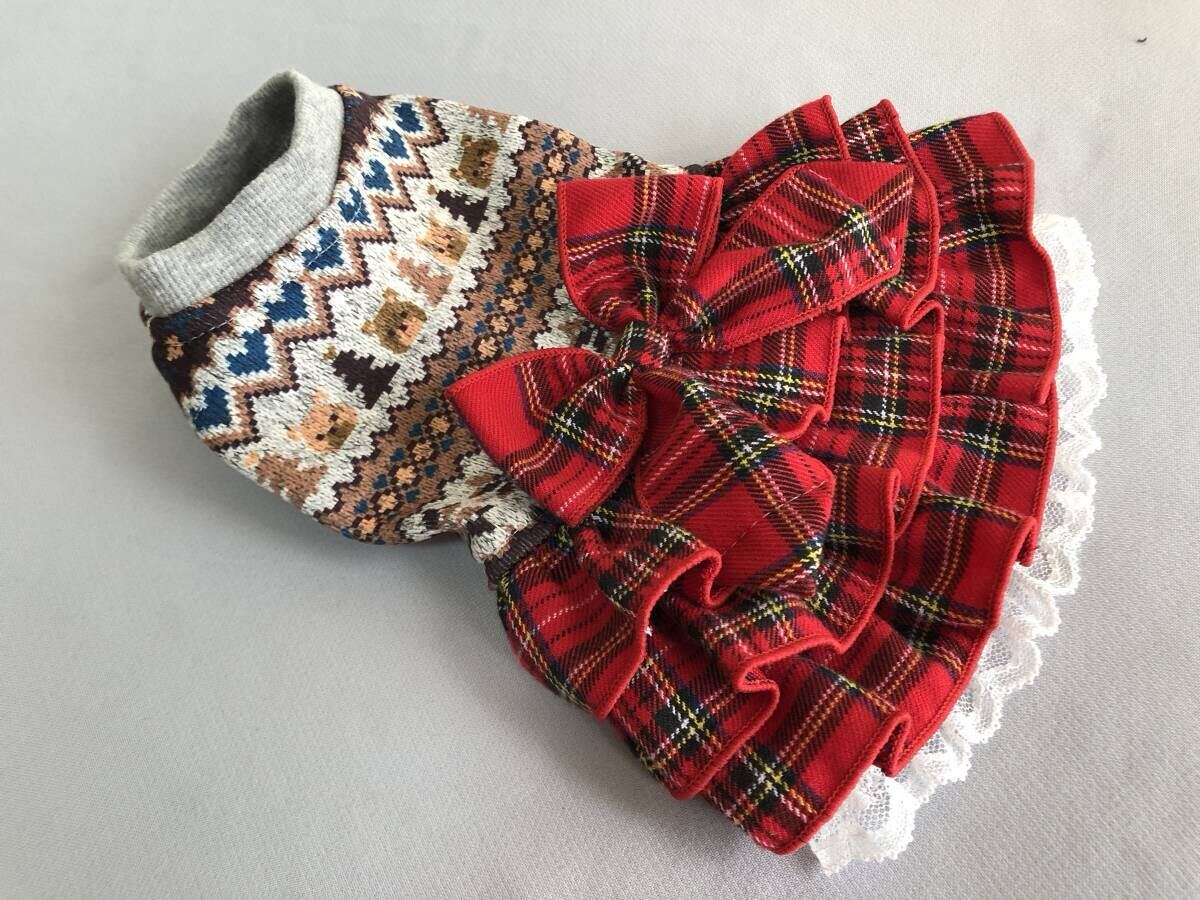 ◇胴30◇可愛いノルディック柄◇赤系タータンフリルスカートワンピ◇ブラウン_画像1