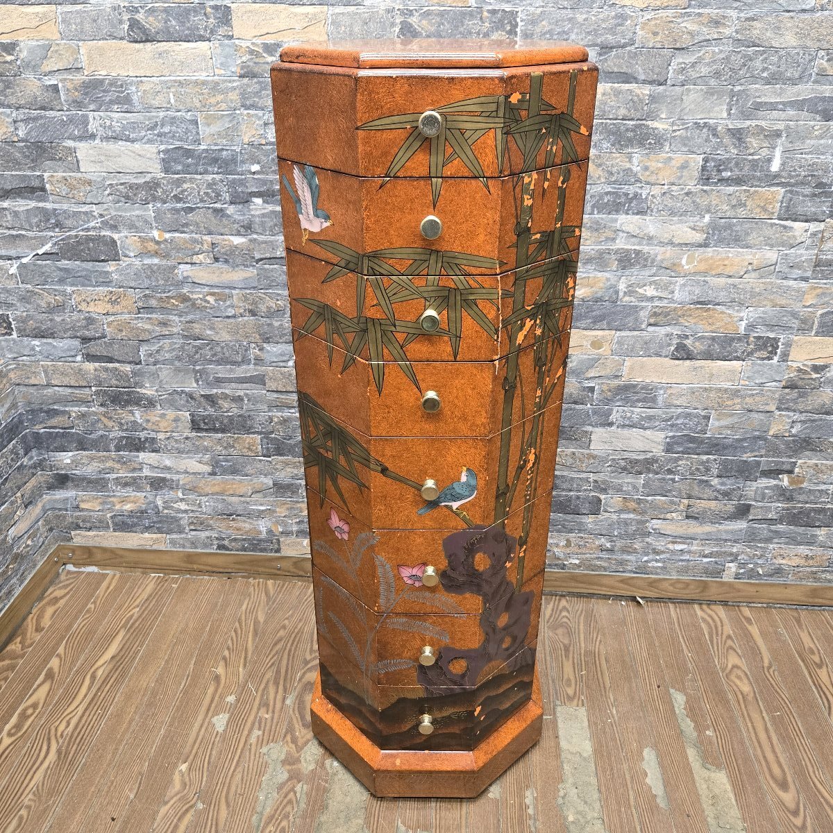 ◆◇5i034-1 アンティーク家具 中国家具 宝石棚 ジュエリーチェスト 飾り棚 花鳥画 八角型 8段 中国美術 箪笥◇◆_画像1