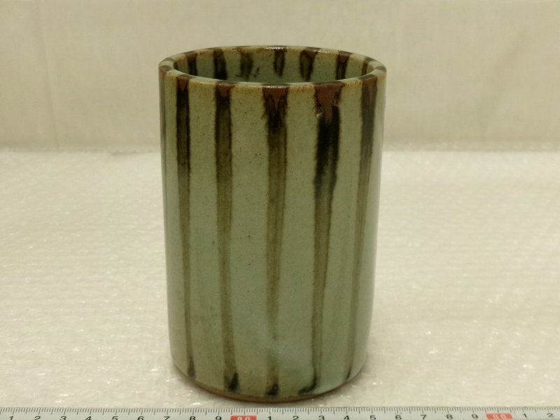 P6281 鉄絵 線文 筆筒 筆立て 書道具 陶製_画像1