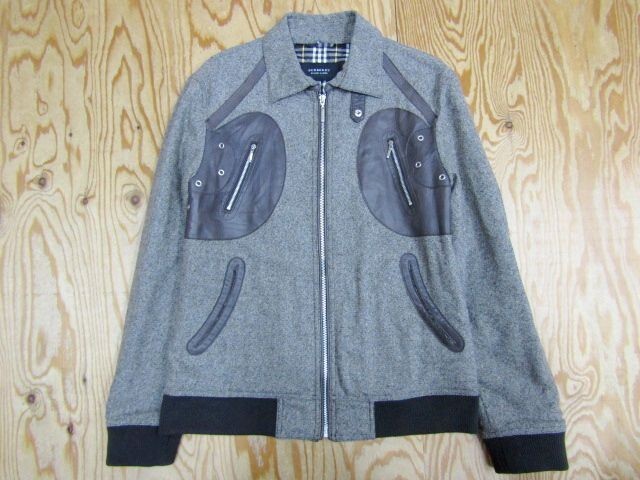 ★バーバリーブラックレーベル BURBERRY★メンズ レザーパッチ ウールジップジャケット 里ノバチェック★R71019015A