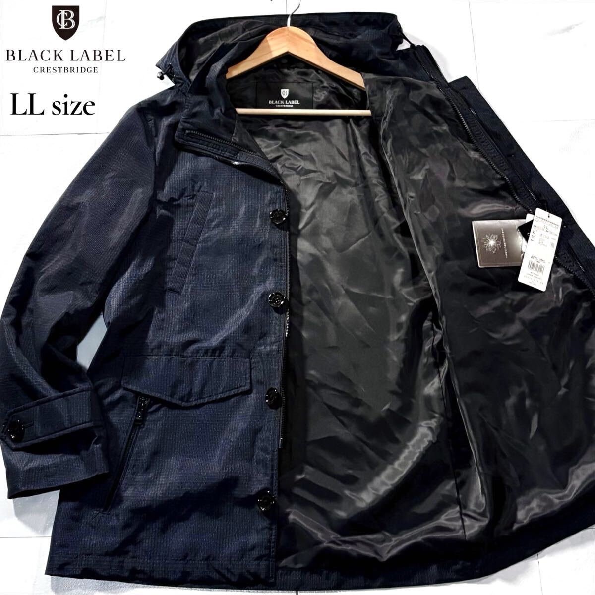 新品タグ付き/XLサイズ● BLACK LABEL CRESTBRIDGE ブラックレーベルクレストブリッジ ナイロンジャケット コート 霜降り チェック総柄　紺