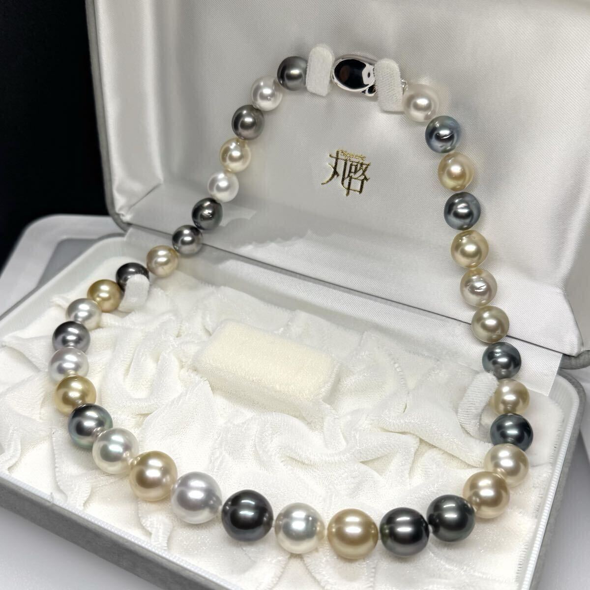 【テリ最強】 白蝶真珠 黒蝶真珠 マルチカラー ネックレス シルバー ビーンズ金具 約10〜13mm 81.8g 本真珠 パール pearl necklace 南洋_画像1
