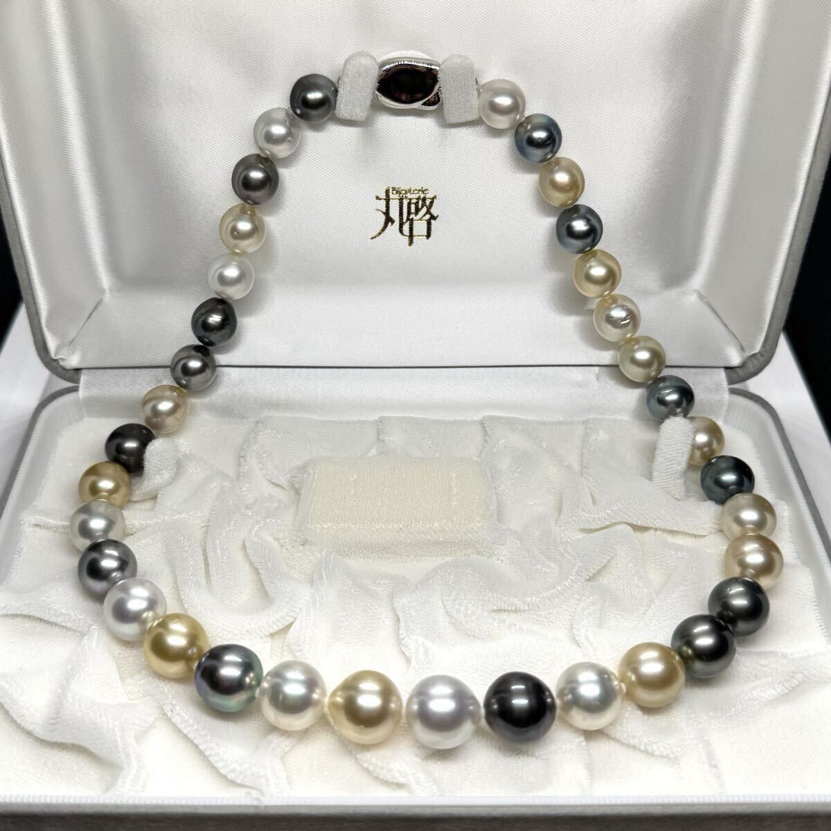 【テリ最強】 白蝶真珠 黒蝶真珠 マルチカラー ネックレス シルバー ビーンズ金具 約10〜13mm 81.8g 本真珠 パール pearl necklace 南洋_画像2