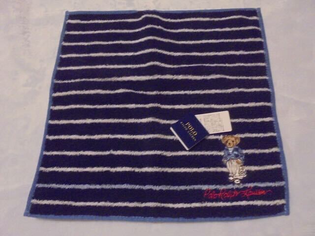 ラルフローレン　タオルハンカチ　ネイビーホワイト　ストライプ　ベアデザイン　新品_画像2