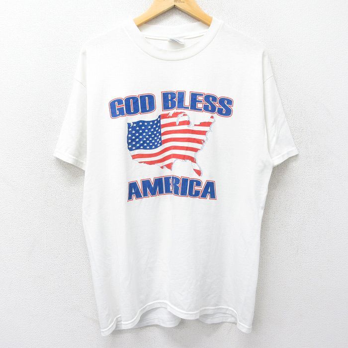 L/古着 ヘインズ　半袖 ビンテージ Tシャツ メンズ 00s 星条旗 クルーネック 白 ホワイト 24jun29 中古 半袖_画像1