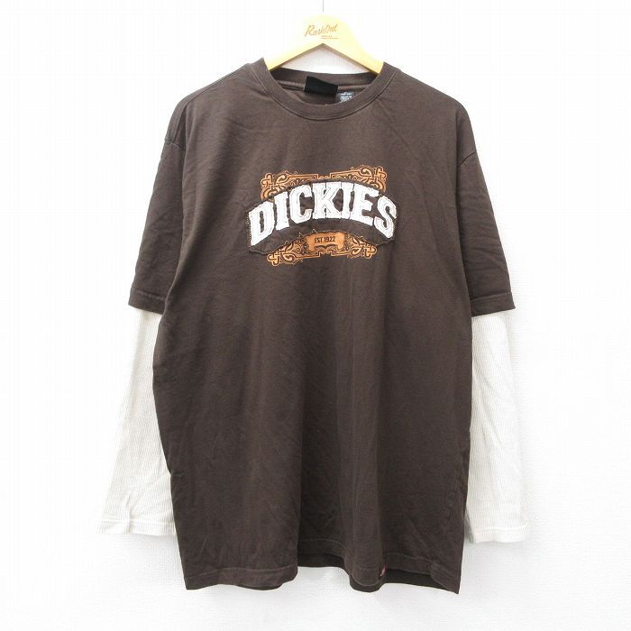 XL/古着 ディッキーズ Dickies 長袖 Tシャツ メンズ ビッグロゴ 大きいサイズ コットン クルーネック 茶 ブラウン 25sep27 中古_画像1