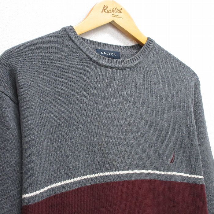 L/古着 ノーティカ 長袖 セーター メンズ ワンポイントロゴ コットン クルーネック グレー 霜降り他 25sep30 中古 ニット トップス_画像2
