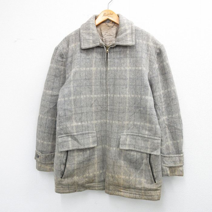 XL/古着 長袖 ビンテージ ウール ジャケット メンズ 50s ロング丈 グレー他 チェック 内側キルティング spe 25oct07 中古 アウター_画像1