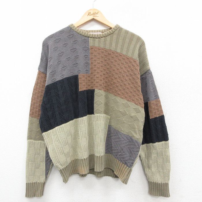 XL/古着 長袖 セーター メンズ 90s マルチカラー 大きいサイズ コットン クルーネック 薄緑他 グリーン 25oct09 中古 ニット トップス_画像1