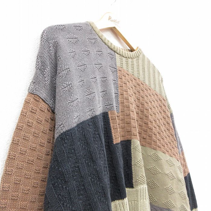 XL/古着 長袖 セーター メンズ 90s マルチカラー 大きいサイズ コットン クルーネック 薄緑他 グリーン 25oct09 中古 ニット トップス_画像2