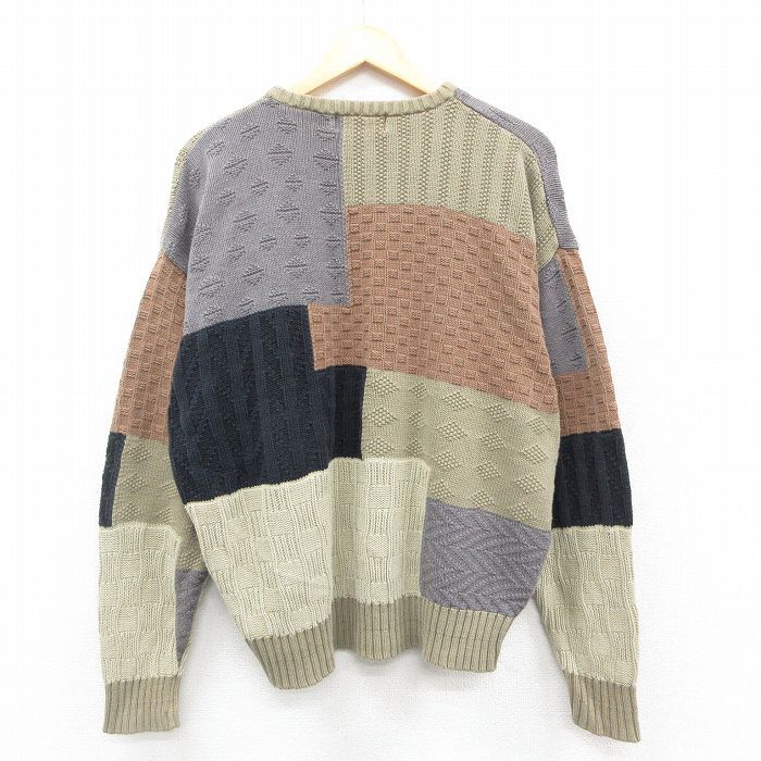 XL/古着 長袖 セーター メンズ 90s マルチカラー 大きいサイズ コットン クルーネック 薄緑他 グリーン 25oct09 中古 ニット トップス_画像3