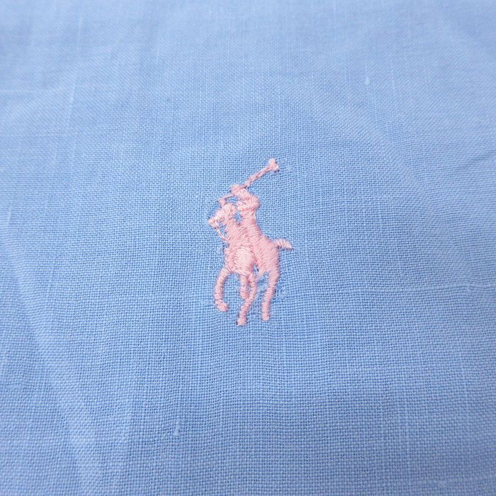 XL/古着 ラルフローレン 長袖 ブランド シャツ メンズ 90s ワンポイントロゴ 大きいサイズ ロング丈 リネン ボタンダウン 薄紺 ネイビー 25_画像3