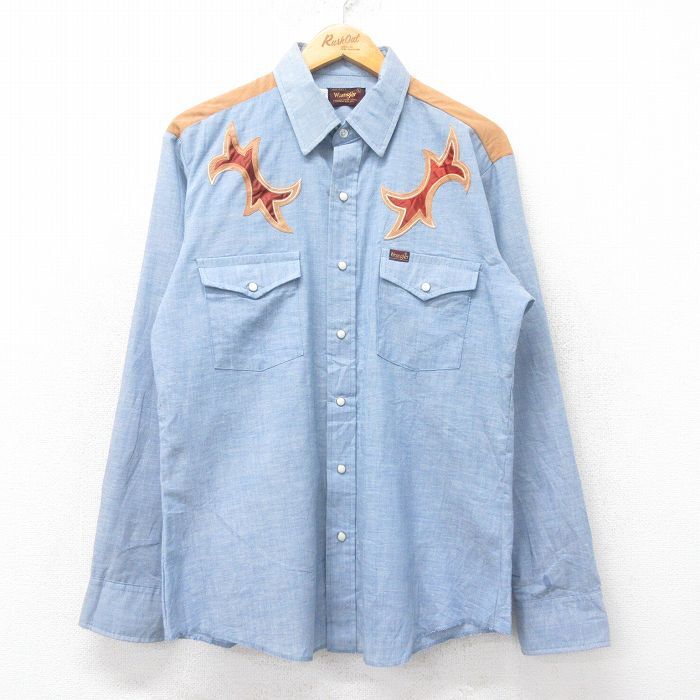L/古着 ラングラー 長袖 シャンブレー ウエスタン シャツ メンズ 80s 薄紺他 ネイビー 25oct14 中古 トップス_画像1