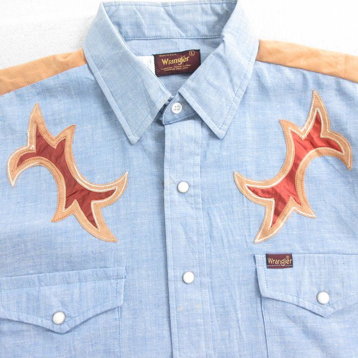 L/古着 ラングラー 長袖 シャンブレー ウエスタン シャツ メンズ 80s 薄紺他 ネイビー 25oct14 中古 トップス_画像3