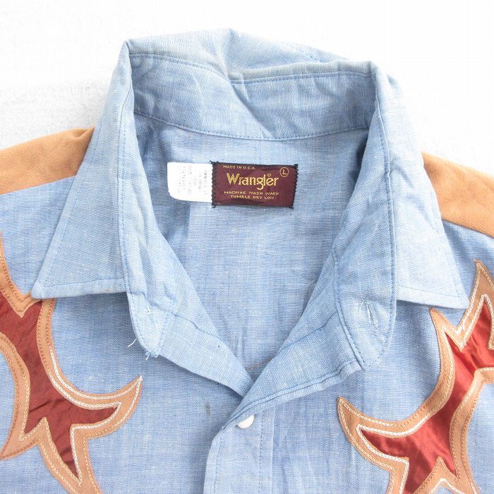 L/古着 ラングラー 長袖 シャンブレー ウエスタン シャツ メンズ 80s 薄紺他 ネイビー 25oct14 中古 トップス_画像6