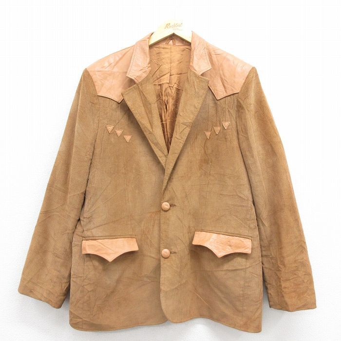 L/古着 パイオニア 長袖 コーデュロイ テーラード ジャケット メンズ 80s レザー使用 茶 ブラウン 25oct16 中古 アウター_画像1